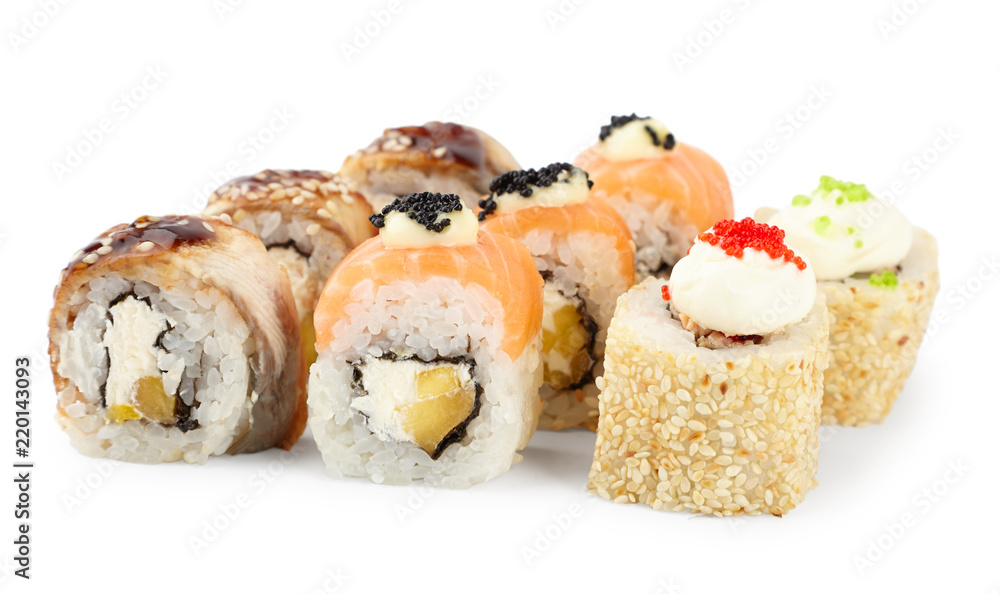 set of several kinds of sushi roll isolated on white close-up set of several kinds of sushi roll isolated on white close-up