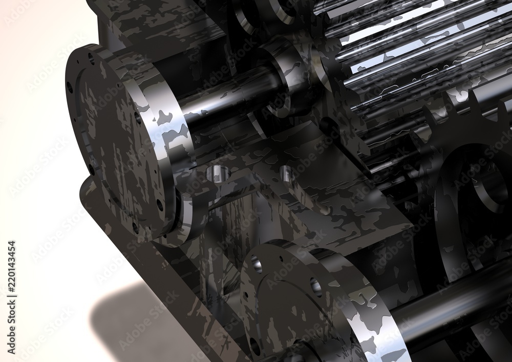 Silver and black gearbox on a white Silver and black gearbox on a white