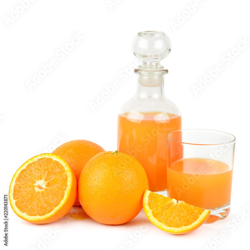 Fresh orange juice with fruits, isolated on white background.