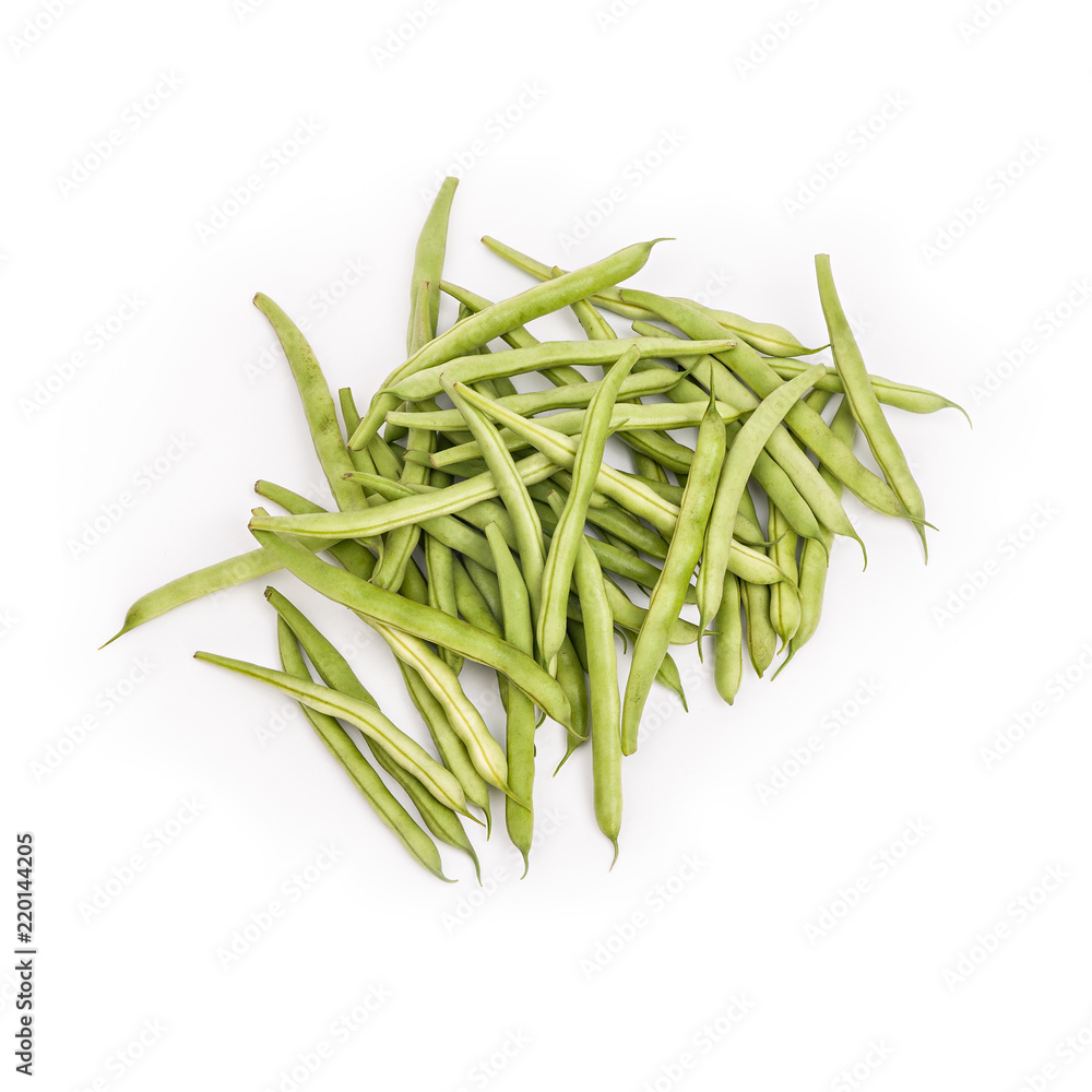 Fresh green beans on the table, white isolated background Fresh green beans on the table, white isolated background