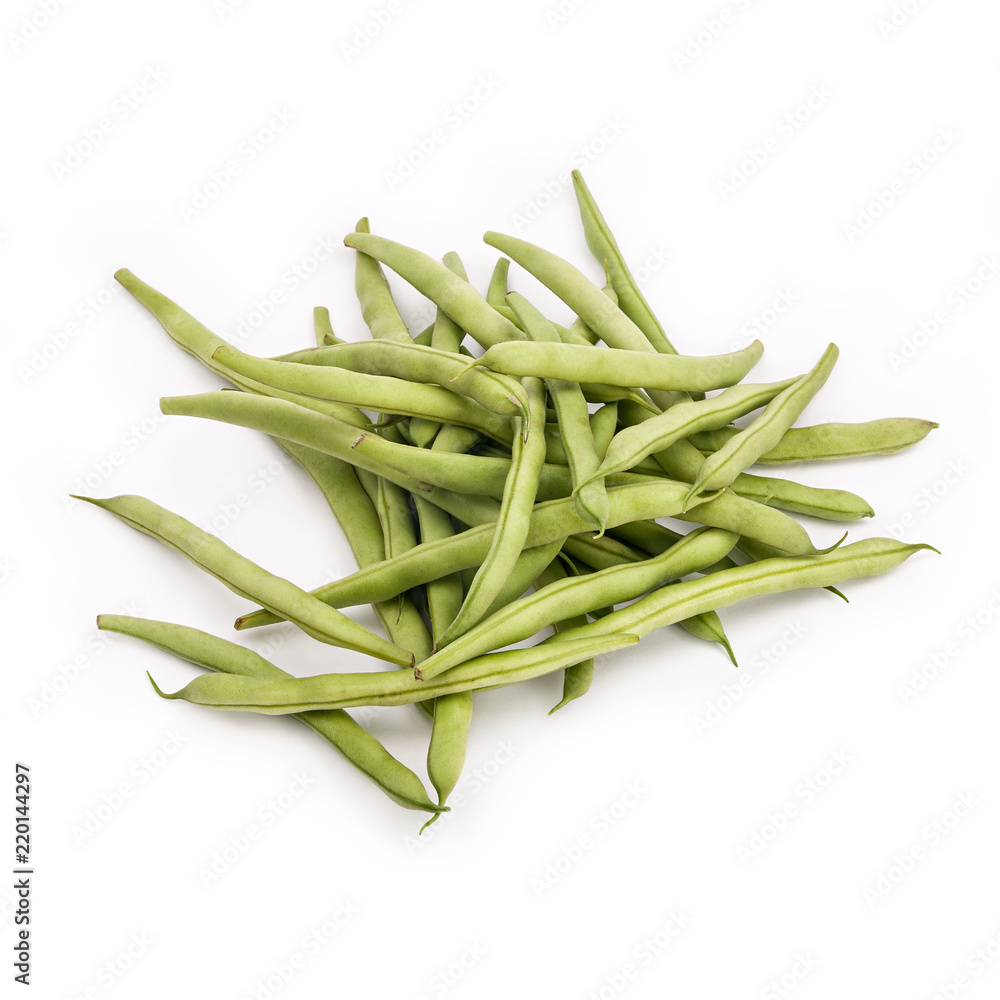 Fresh green beans on the table, white isolated background Fresh green beans on the table, white isolated background