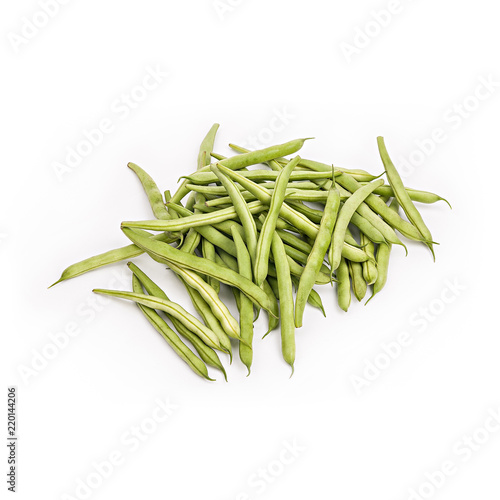 Fresh green beans on the table, white isolated background