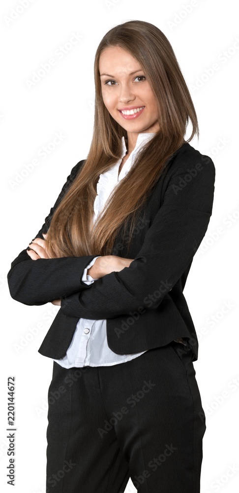 Friendly Businesswoman Standing with Arms Folded - Isolated