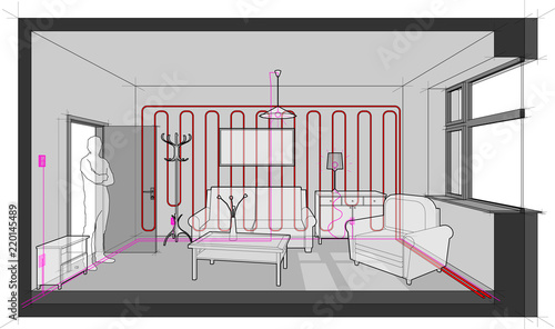 Diagram of a single room furnished with furniture heated with wall heating and with electric installations