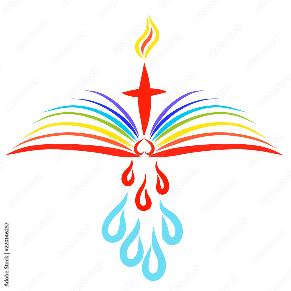 Cross with a flame above an open rainbow book, drops for healing