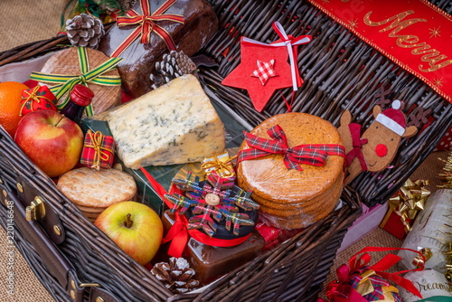 Christmas Food Hamper.  Wicker Hamper loaded with Christmas Treats and Fruits
