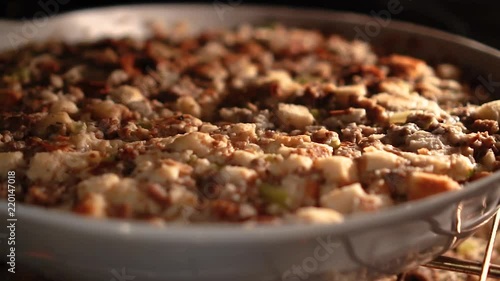 Sausage stuffing baking inside the oven