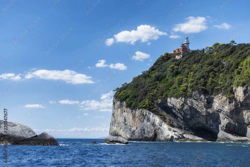lighthouse on Tino island, located on La Spezia Gulf near Portovenere and Cinque Terre, Italy