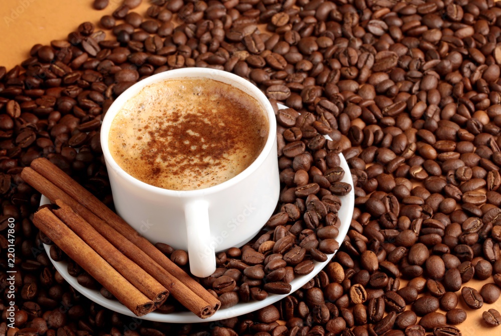 Fototapeta premium Cappuccino or latte surrounded by coffee beans and cinnamon sticks