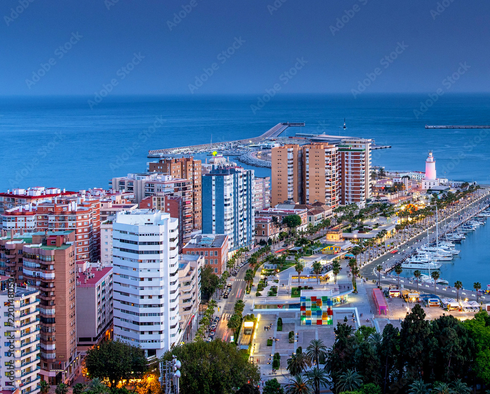 Naklejka premium Port of Malaga in dusk