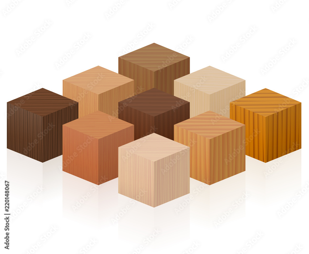 Fototapeta premium Wooden cubes - wood samples with different textures, colors, glazes, from various trees to choose - brown, dark, gray, light, red, yellow, orange decor models - vector on white background.