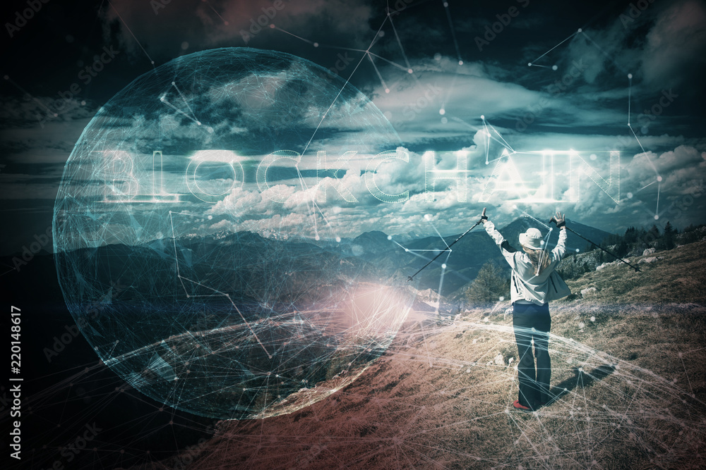 Woman with conceptual blockchain cyberspace background. Woman with conceptual blockchain cyberspace background.