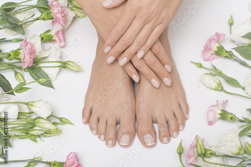 Fototapeta Naklejka Na Ścianę i Meble -  The picture of ideal done manicure and pedicure. Female hands and legs in the spa spot.