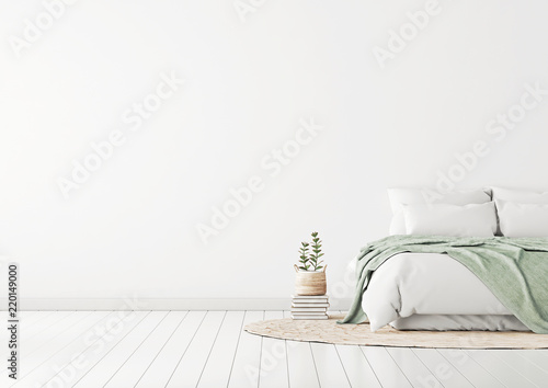 Home bedroom interior mockup with bed, green plaid, pillows, rug and plants on empty white wall background. Free space on left. 3D rendering. photo