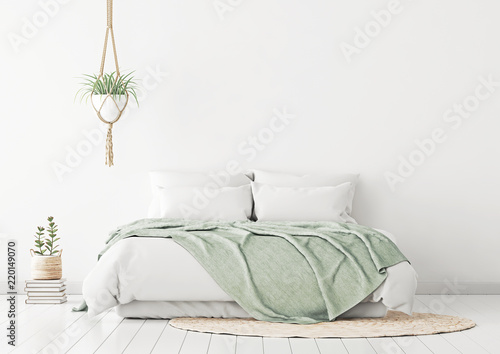 Home bedroom interior mockup with bed, green plaid, pillows, rug and plants on empty white wall background. 3D rendering.