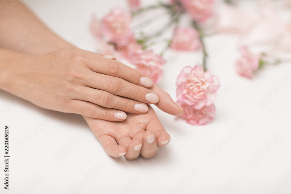 Skin care for hands. Closeup image of beautiful woman's hands with light pink manicure.