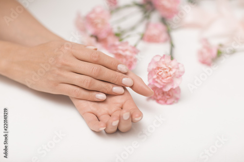 Skin care for hands. Closeup image of beautiful woman s hands with light pink manicure.
