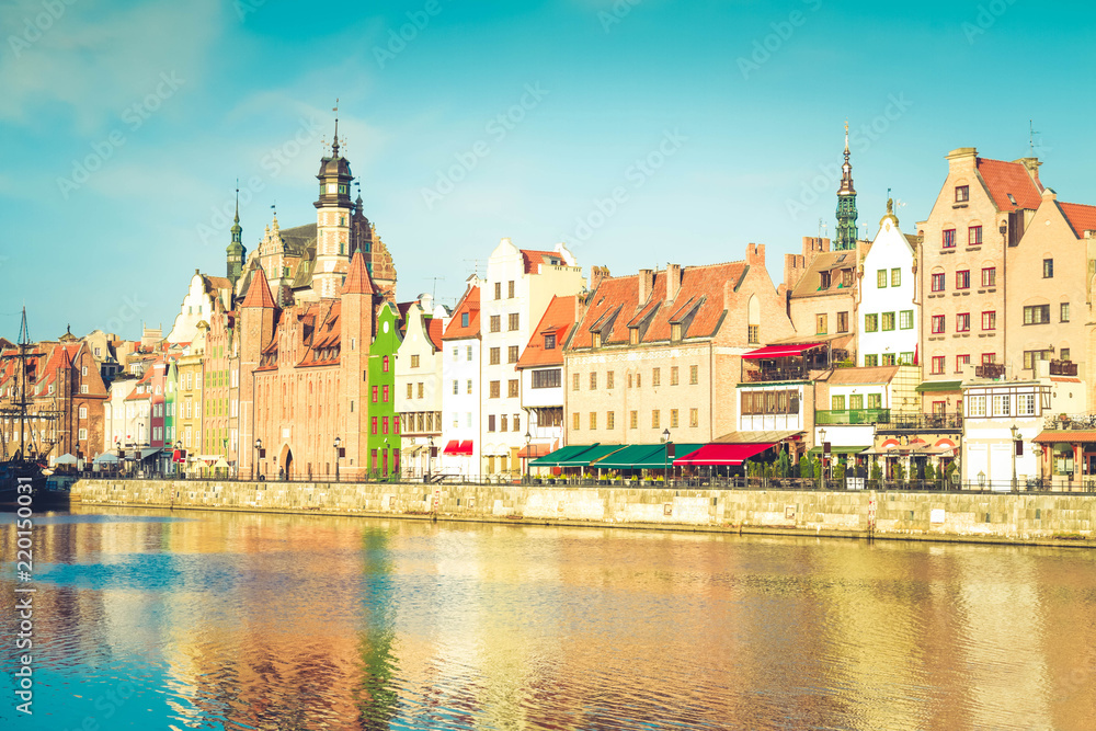 Fototapeta premium Old town waterfront in Gdansk , Poland, retro toned