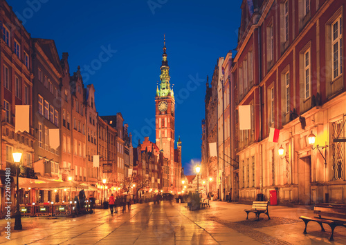 Long street at Old town of Gdansk at night, Poland, retro toned