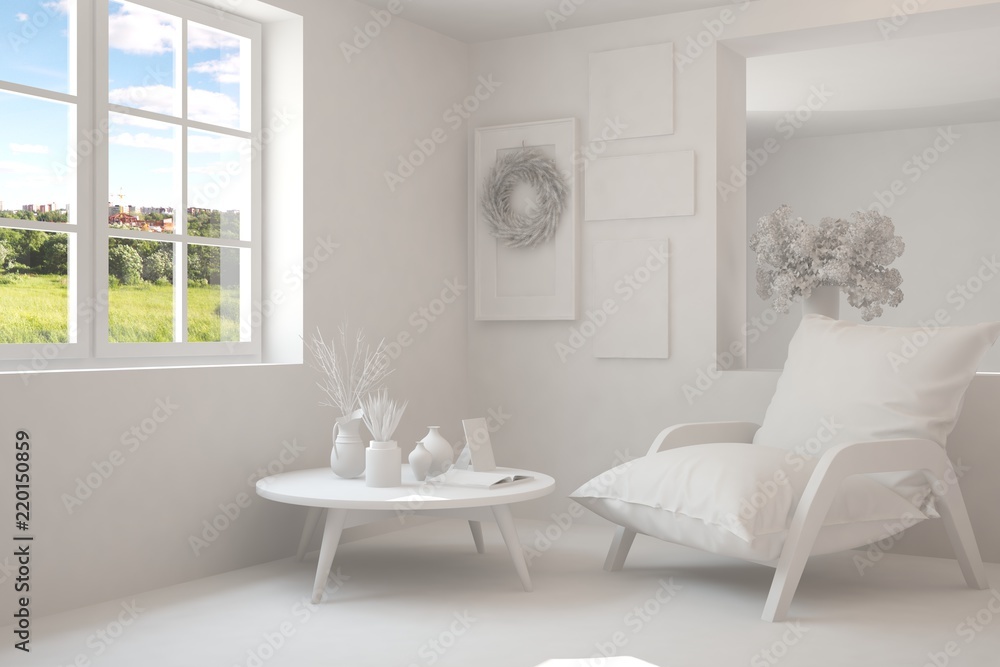 Fototapeta premium White room with armchair and green landscape in window. Scandinavian interior design. 3D illustration