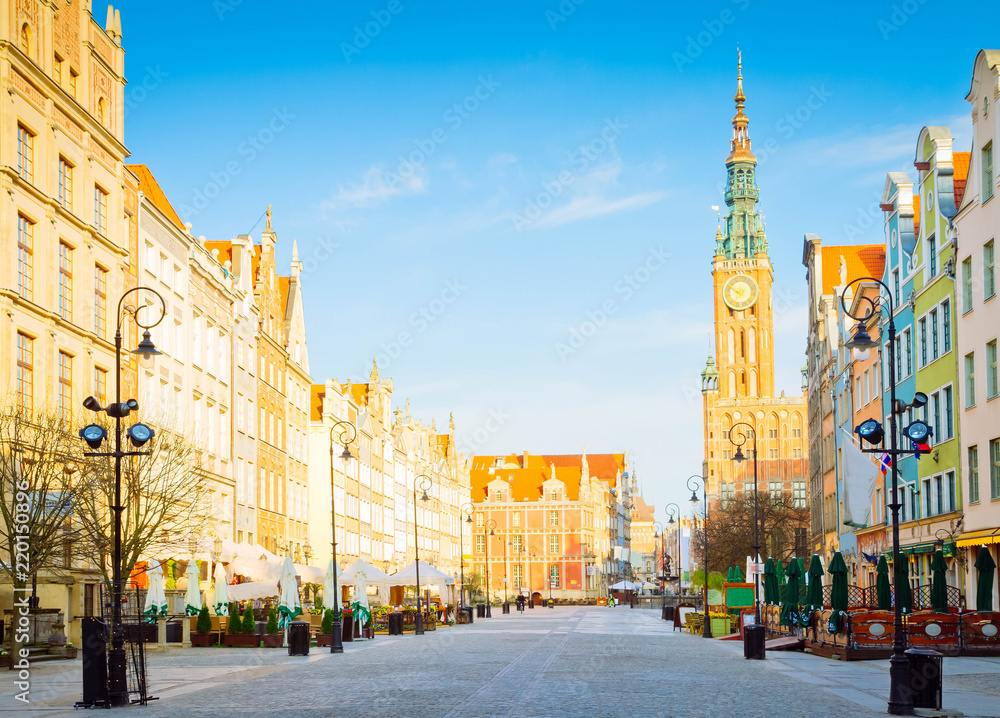 Old town of Gdansk with city hall, Poland, retro toned