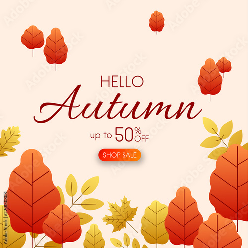 Hello autumn 50% sale. Promo card with golden leaves.