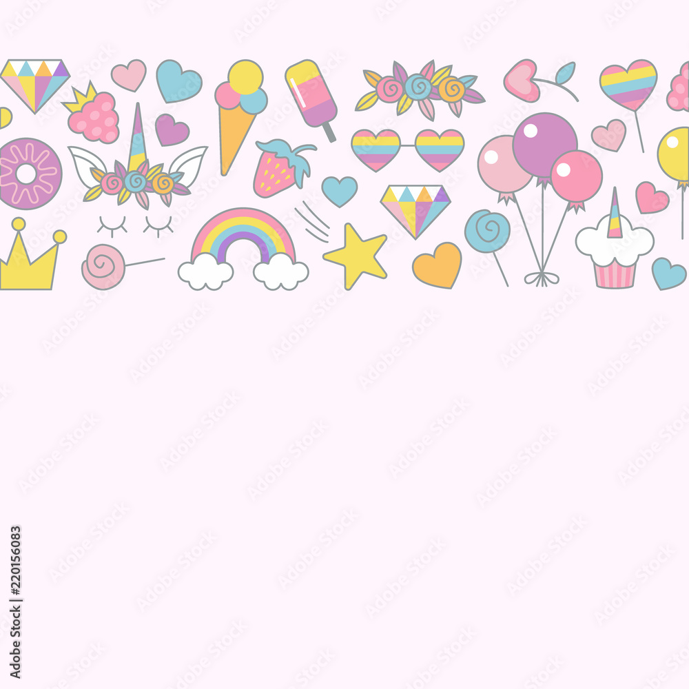 Unicorn objects flat vector design for greeting, birthday, invitation card, with place for text. Unicorn, rainbow, sweets, stars, balloons,crown and other objects with light pink background. Unicorn objects flat vector design for greeting, birthday, invitation card, with place for text. Unicorn, rainbow, sweets, stars, balloons,crown and other objects with light pink background.