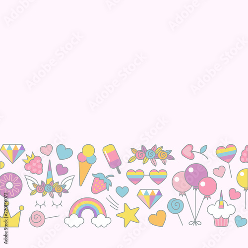 Unicorn objects flat vector design for greeting, birthday, invitation card, with place for text. Unicorn, rainbow, sweets, stars, balloons,crown and other objects with light pink background. © Маргарита Федоренко