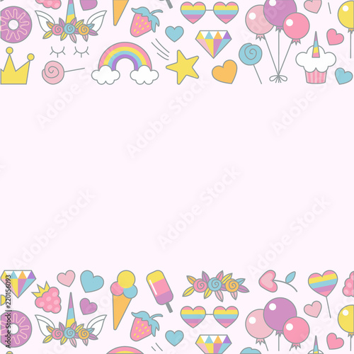 Unicorn objects flat vector design for greeting, birthday, invitation card, with place for text. Unicorn, rainbow, sweets, stars, balloons,crown and other objects with light pink background.