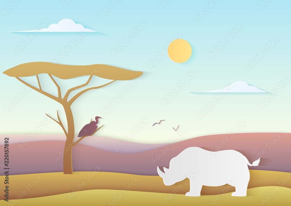 African vector landscape with rhino and tree standing with bird in savannah with mountains. Trendy paper cuted vector illustration of nature of africa.