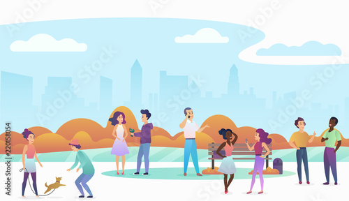 People playing with pets, talking and walking in a beautiful urban public park with modern city skyline on the background. Trendy gradient color vector illustration.