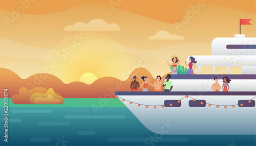 Smiling people friends making party on yacht ferry ship at sunset. Ocean vacation, sea travel and friendship concept vector illustration.