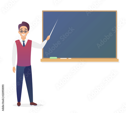 Young man teacher standing in front of blank school blackboard vector illustration. Cute cartoon school male teacher in glasses in trendy gradient color.