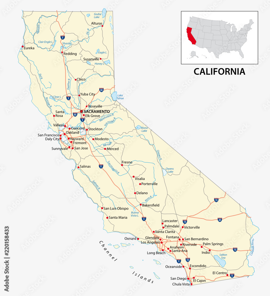 road map of the US American State of California