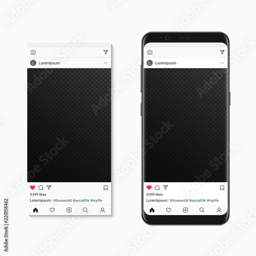 Social network pictire post on smartphone screen. Vector Mockup social photo frame composer.