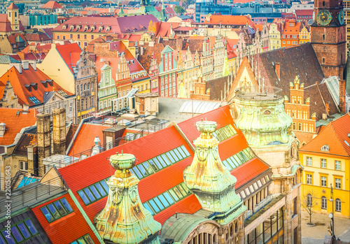 roofs of Wroclaw - bird eye view of colorful roofs of old town, Wroclaw, Poland, retro toned