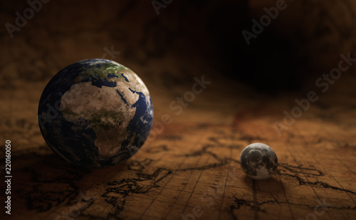 earth and moon on an old map 3d render