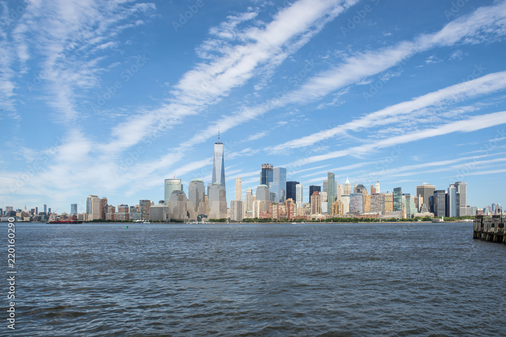 New York City NYC Manhattan Downtown Skyline, viewed from Jersey City, New Jersey, USA.