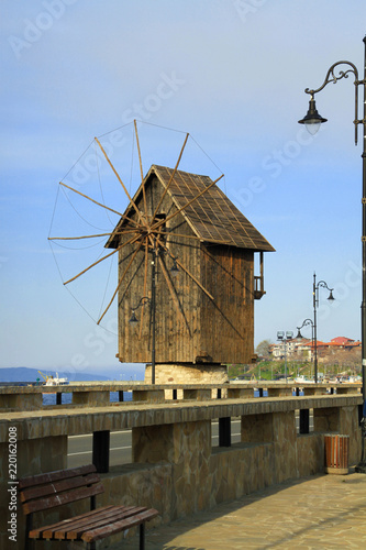 The wooden windmill before the town entrance in Nesebar, Bulgaria