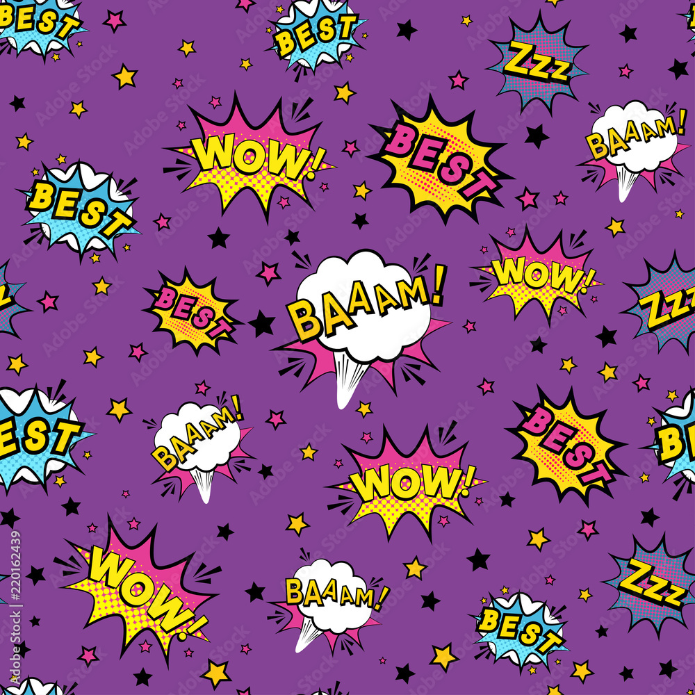 Abstract seamless patch pattern for girls, boys, clothes. Creative vector patch background with stickers, speach bubble. Funny bubble patch pattern wallpaper for textile. Fashion pattern pop art style