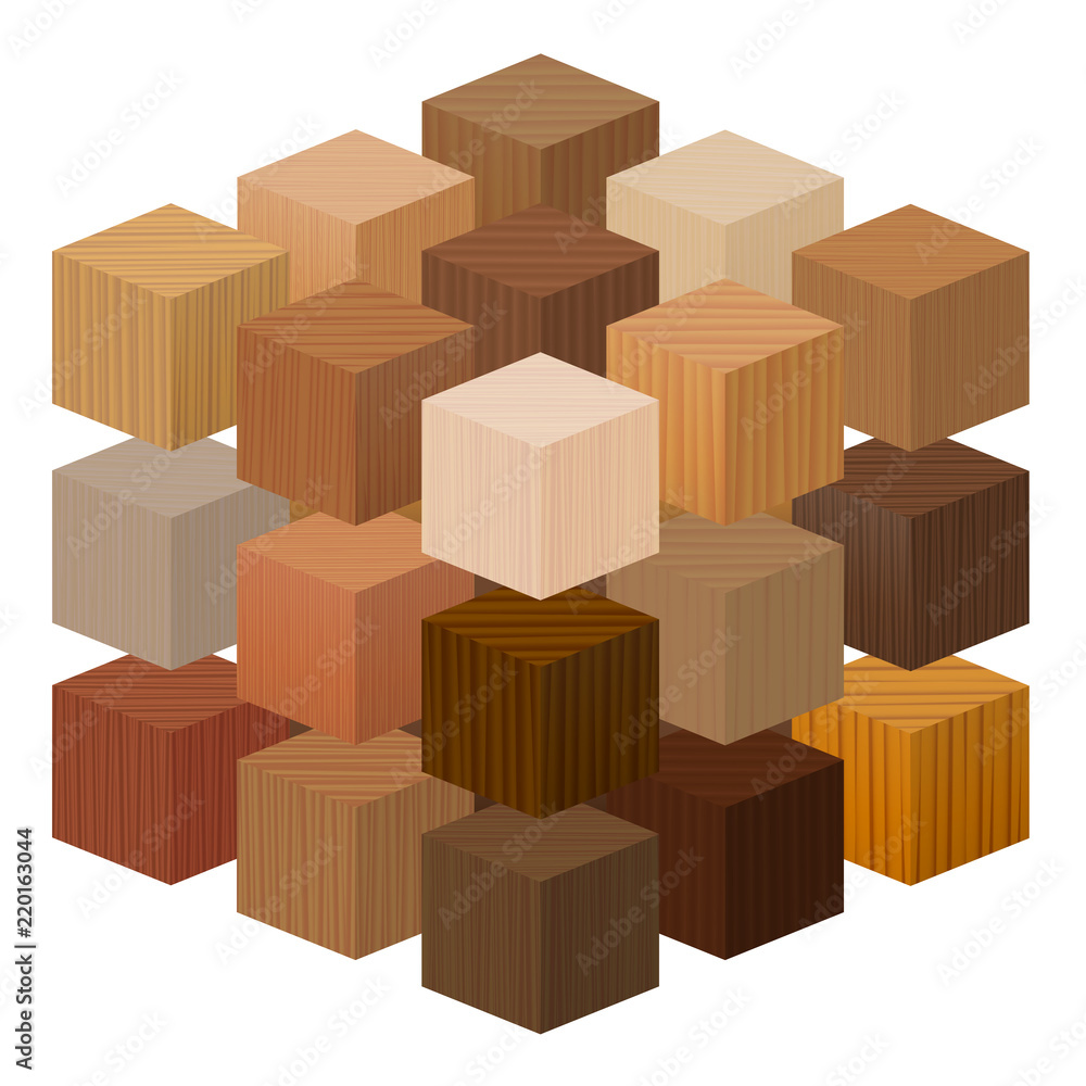Wooden cubes forming a big artistic carpentry artwork - wood samples with different textures, colors, glazes, from various trees - vector on white background. Wooden cubes forming a big artistic carpentry artwork - wood samples with different textures, colors, glazes, from various trees - vector on white background.