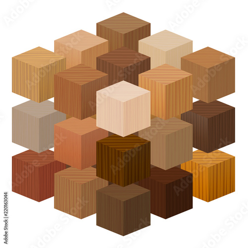 Wooden cubes forming a big artistic carpentry artwork - wood samples with different textures, colors, glazes, from various trees - vector on white background.