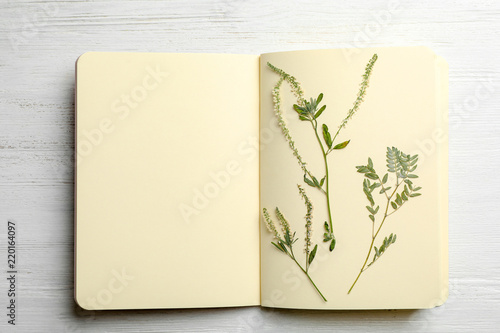 Wild dried meadow flowers in notebook on wooden background, top view