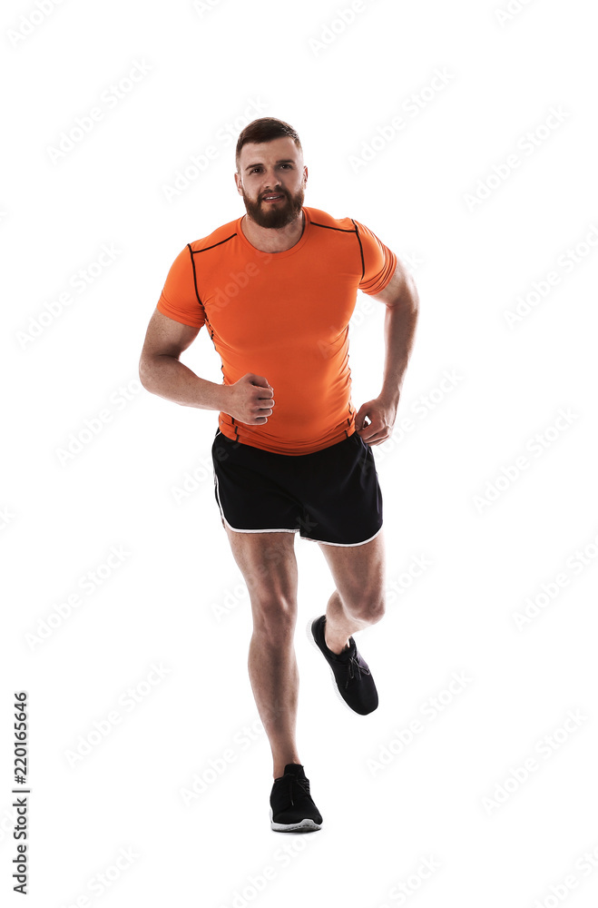 Young man in sportswear running on white background Young man in sportswear running on white background