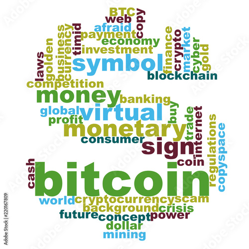 Light themed word cloud for bitcoin exchange trading concept.  Scattered messy words randomly placed.