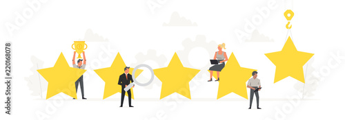 Big stars with small working people around it. Rating, feedback, evaluation system, positive review, quality work. Vector creative business banner for design concept.