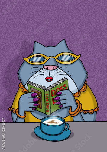 Female cat is reading a book about dogs