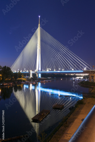Belgrade Ada Bridge reflection at night