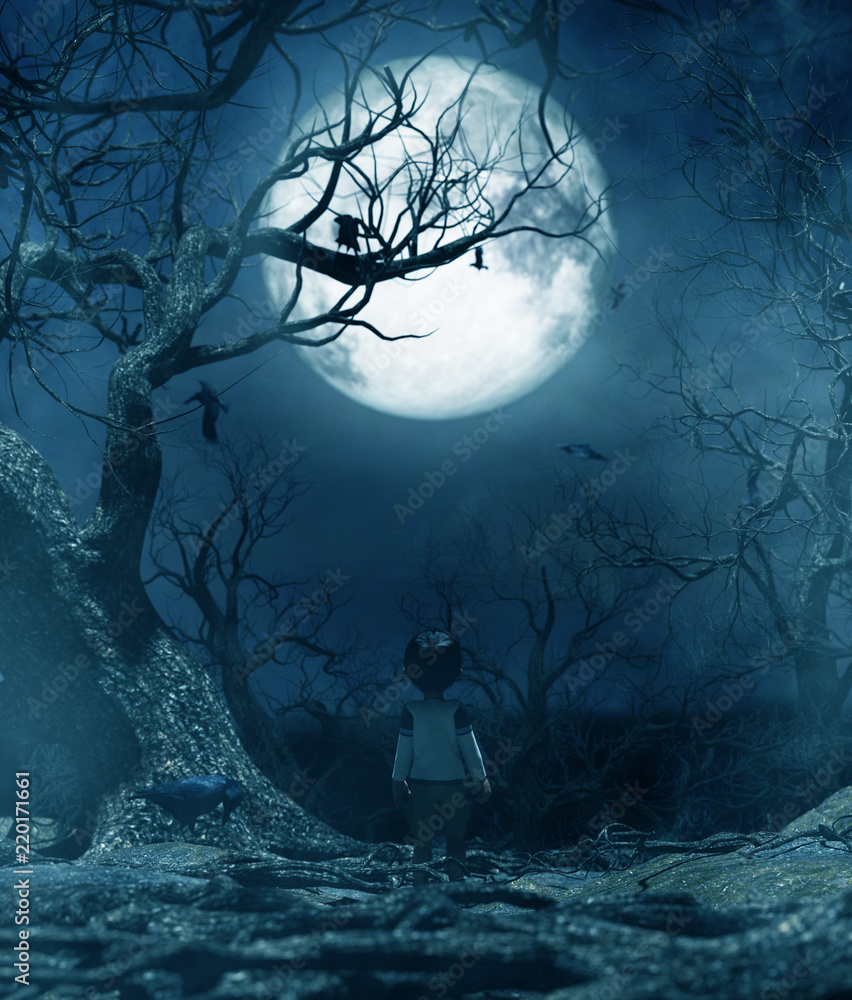 Naklejka Chłopiec chodzi samotnie przy nocą pod blaskiem księżyca, chłopiec gubjąca w nawiedzającym lesie, 3d rendering dla książkowej pokrywy lub książkowej ilustraci