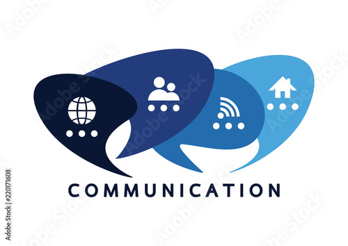 Vector illustration of a communication concept. The word communication with colorful dialog speech bubbles